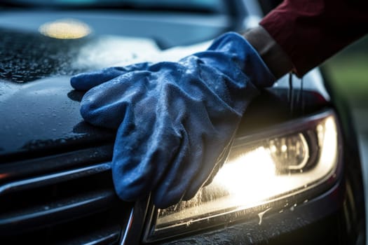 Focused Man washing car headlight with rag closeup. Vehicle waxing shiny clean care. Generate Ai