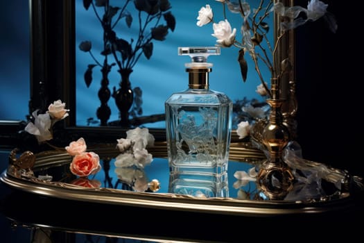 Reflective Perfume mirror. Glamour empty glass. Generate Ai