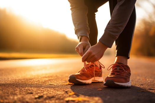 Determined Man tying shoelaces before training. Active outdoor athlete lifestyle. Generate Ai