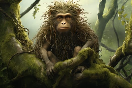 Sprawling Monkey tree forest nature. Small tail. Generate Ai
