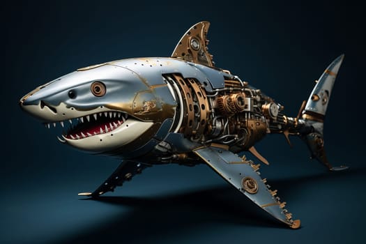 Metallic Blue mechanical shark gears. Ocean future. Generate Ai