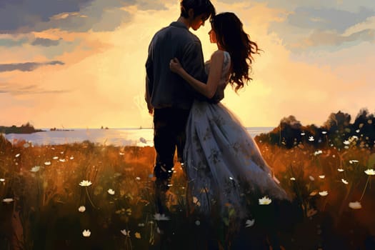 Vibrant Meadow couple art. Active care. Generate Ai