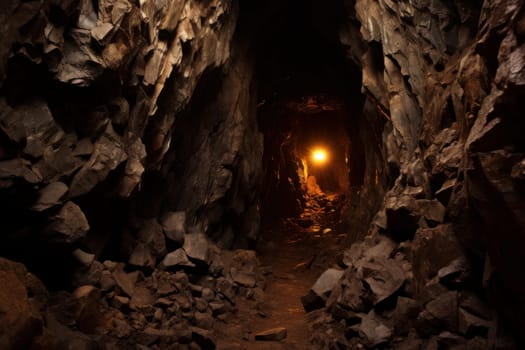 Rusty Mine tunnel cave railway. Rock dark mineral. Generate Ai