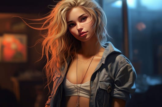 Model girl wearing casual outfit. Female fashionable character posing on city street. Generate ai