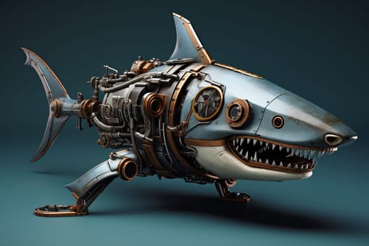 Intricate Blue mechanical shark gears. Ocean future. Generate Ai