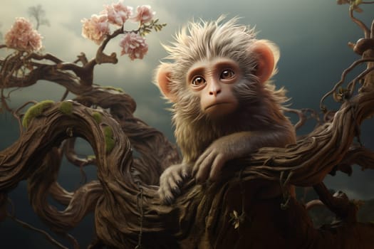 Lush Monkey tree forest nature. Small tail. Generate Ai