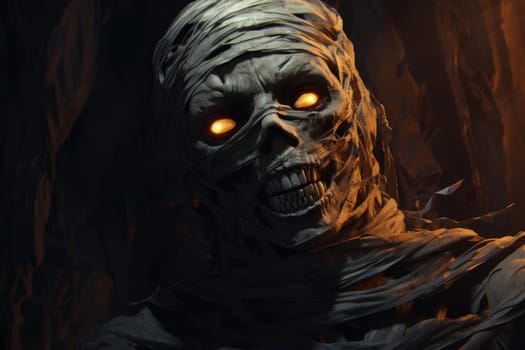 Eerie Mummy night street portrait digital art. Face zombie spooky eyes. Generate Ai