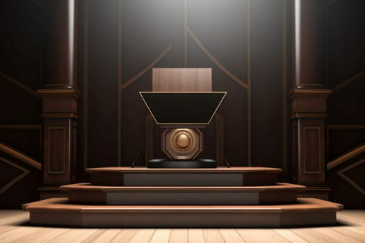 Unpretentious Wood podium stage pastel. Show minimal wall. Generate Ai