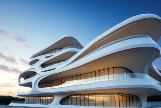 Sleek Modern architecture facade wave style. New shape geometry edifice. Generate Ai
