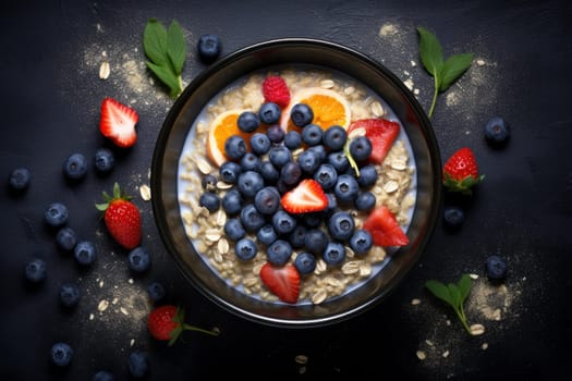 Sweet Muesli oats fruits topview. Fresh oat. Generate Ai