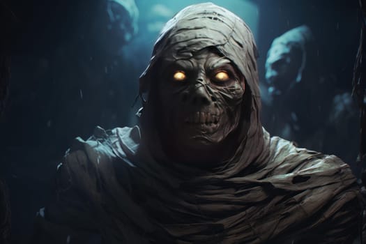 Captivating Mummy night street portrait digital art. Face zombie spooky eyes. Generate Ai