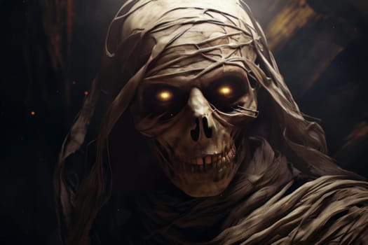 Mysterious Mummy night street portrait digital art. Face zombie spooky eyes. Generate Ai