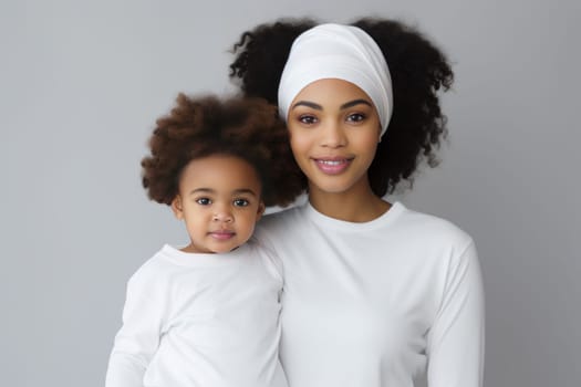 Nurturing Black mom wearing white with kid. Love african. Fictional person. Generate Ai