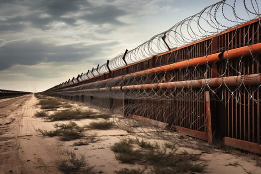 Rugged Usa mexico border view. Crossing metal barrier fence. Generate Ai