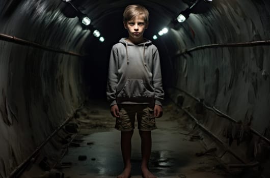 Modern child boy underground bunker. Light concrete. Generate Ai