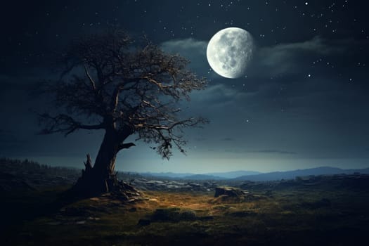 Luminous Moon meadow tree. Dark star. Generate Ai