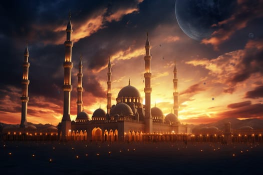 Contemplative Mosque evening sky. Night moon light. Generate Ai