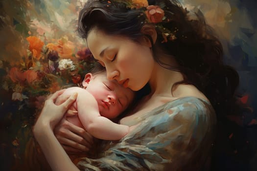 Mother baby watercolor. Happy child. Fictional person. Generate Ai