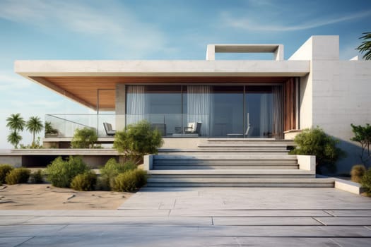 Pristine Modern sunny house. With green grass. Generate Ai