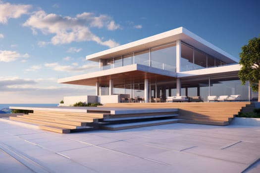 Futuristic Modern sunny house. With green grass. Generate Ai