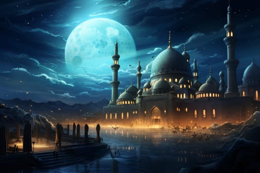 Mosque evening sky moon. Light ramadan. Generate Ai