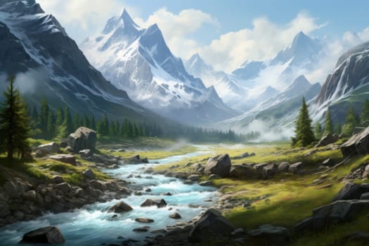 Panoramic Mountain landscape. Scenic tourism adventure. Generate Ai