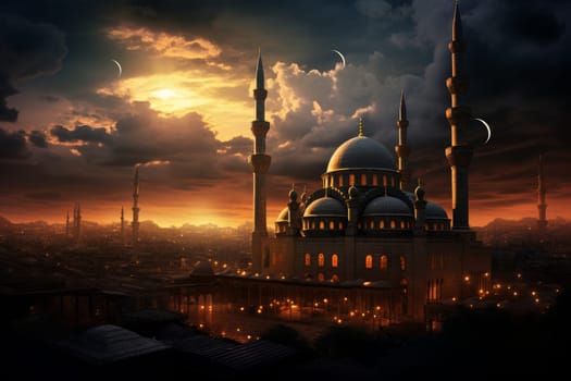 Captivating Mosque evening sky. Night moon light. Generate Ai