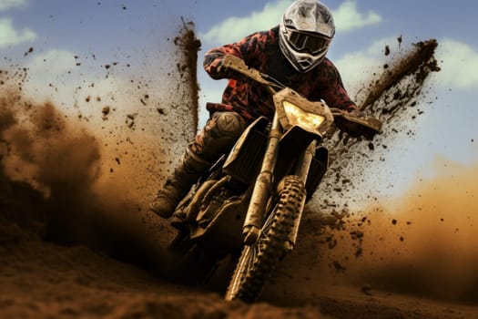 Muddy Motocross crossing dirt. Rider race. Generate Ai