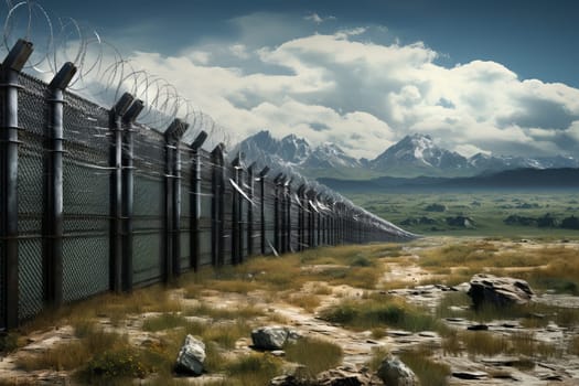Austere Usa mexico border view. Crossing metal barrier fence. Generate Ai