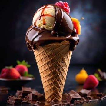 Chocolate and vanilla Ice-cream in cone standing on the table. Chocolate with berries on the table
