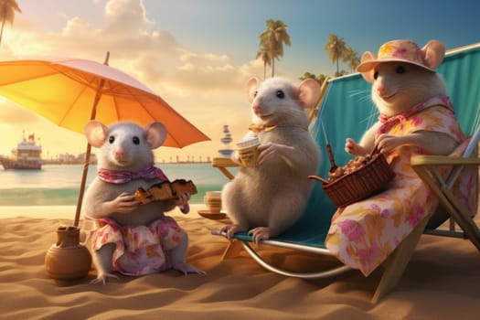 Whimsical Mouse beach vacation. Mice sea. Generate Ai