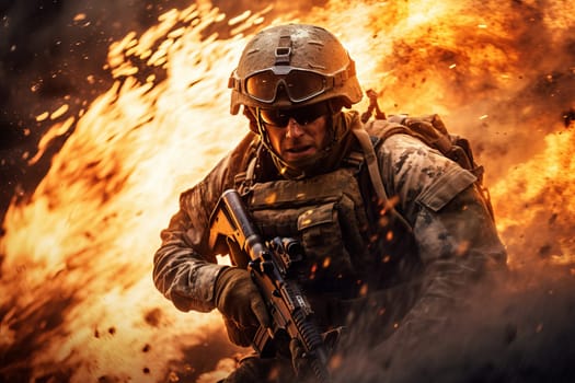 Resilient Military soldier in fire splashes. Warrior assault in flames. Generate Ai