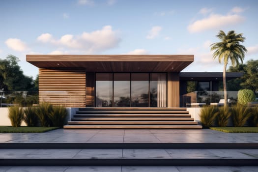 Cozy Modern sunny house. With green grass. Generate Ai