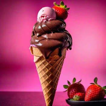 Strawberry and chocolate ice-cream in cone standing on the table. Strawberries scattered on the table