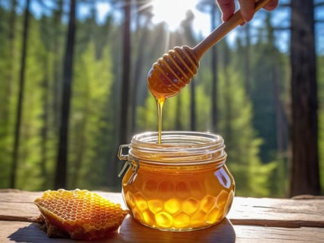 Close-up of a jar of honey with a honey dipper on a wooden table with a green natural background.