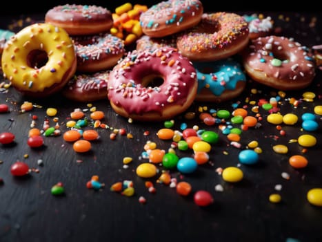 Assorted donuts with chocolate frosted, pink glazed and sprinkles donuts. Sweets scatered on the table