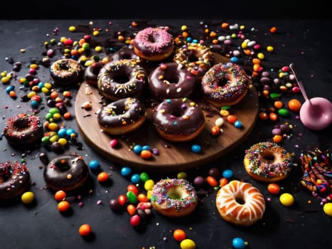 Assorted donuts with chocolate frosted, pink glazed and sprinkles donuts. Sweets scatered on the table