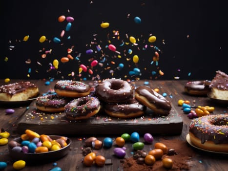 Assorted donuts with chocolate frosted, pink glazed and sprinkles donuts. Sweets scatered on the table