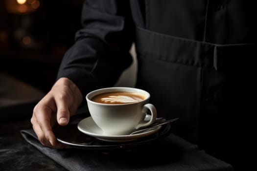 Person serving coffee cup. Service mug. Generate Ai