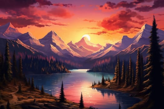 Breathtaking Mountains art sunset poster. Color water light. Generate Ai