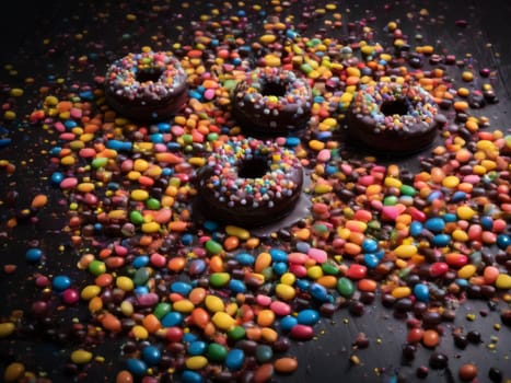 Assorted donuts with chocolate frosted, pink glazed and sprinkles donuts. Sweets scatered on the table