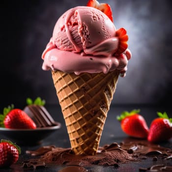 Strawberry ice-cream in cone standing on the table. Chocolate and strawberries scattered on the table