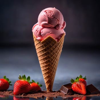 Strawberry ice-cream in cone standing on the table. Chocolate and strawberries scattered on the table