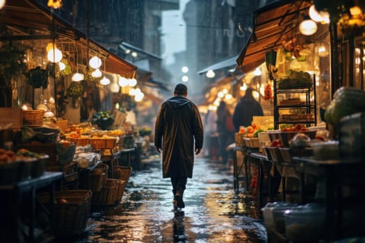 Person walks market. Travel tourism. Generate Ai