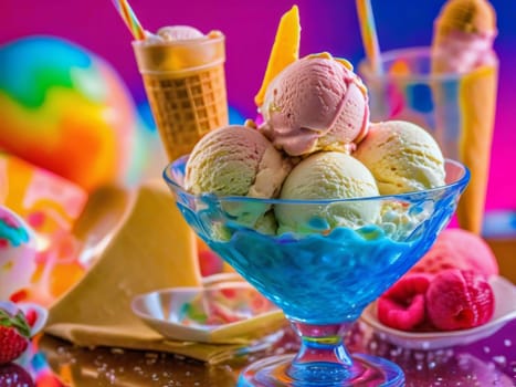 Vivid color ice-cream in colorful-party like composition. Colorful background