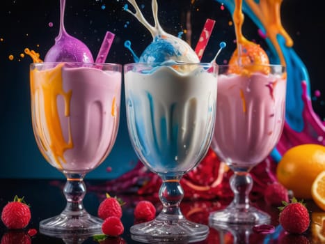 Colorfull ice-cream in glass. Milk splashing. Poppy colors