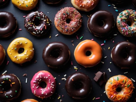 Assorted donuts with chocolate frosted, pink glazed and sprinkles donuts. Sweets scatered on the table