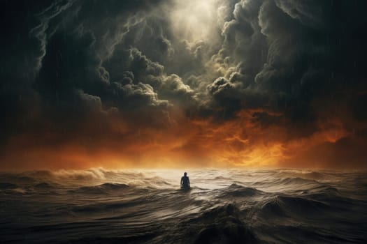 Person standing in front of storm. Sea sunset. Generate Ai