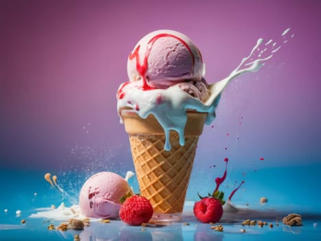 Colorfull ice-cream in glass. Milk splashing. Poppy colors