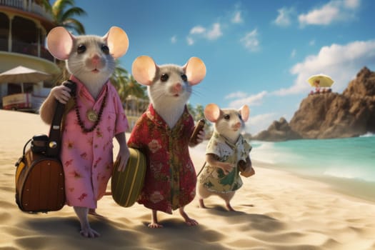 Sandy Mouse beach vacation. Mice sea. Generate Ai